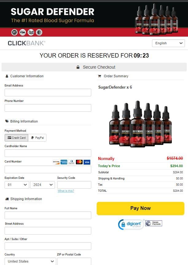 Sugar Defender secure checkout page with package options and order protection