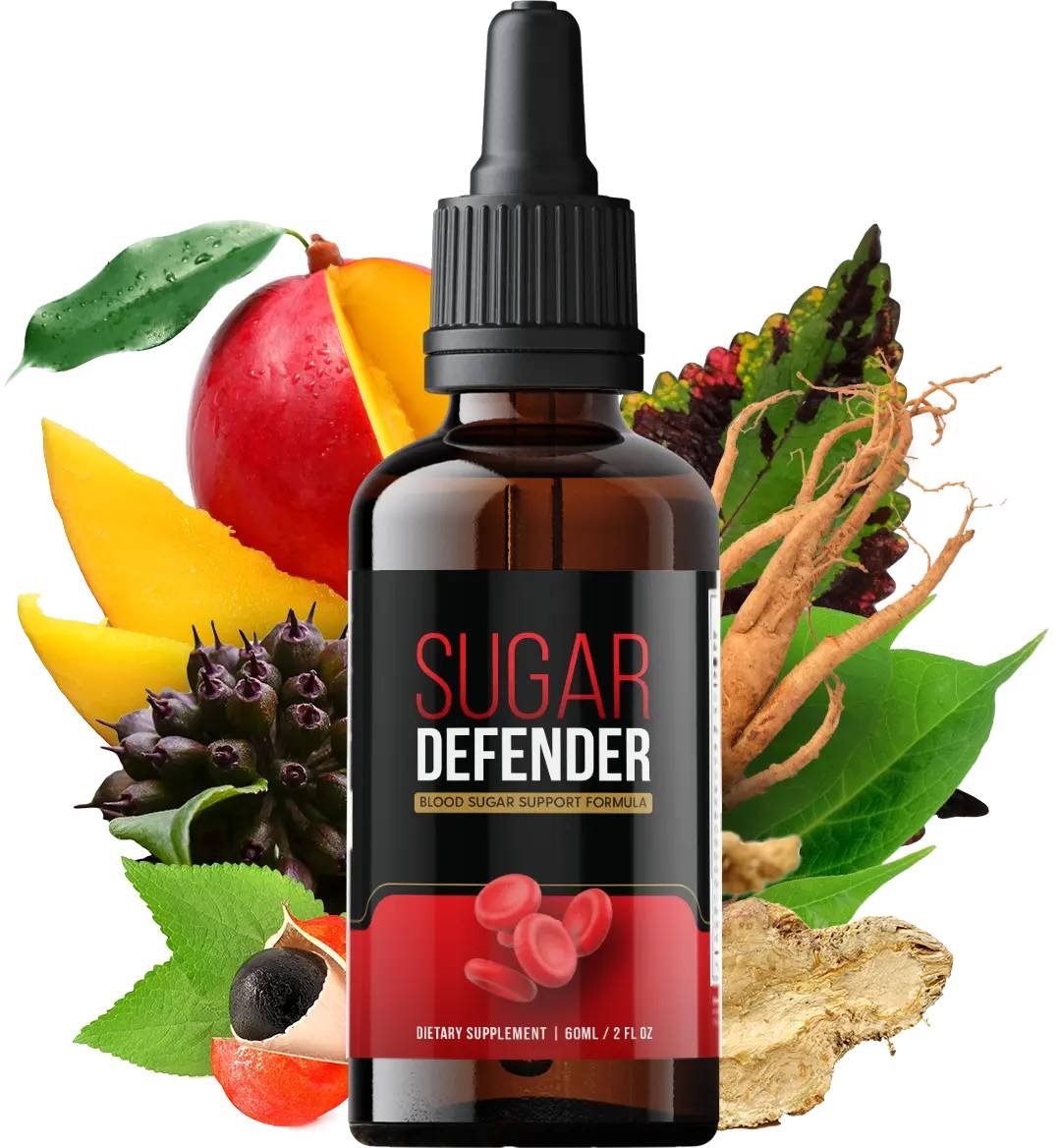 Sugar Defender liquid supplement bottle displayed with ingredient and ordering information